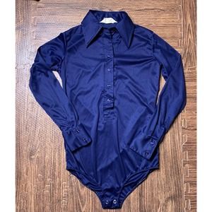 Vintage Bodysuit/ Polo Button Shirt / Navy Blue / 3/4 button Collar